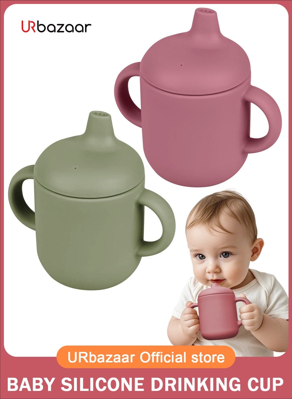 2 Pack Baby Training Cup 180ml, Silicone Sippy Cup with Handles, Lid and Straw, Spill Proof and Non-Slip Straw Cup for Babies and Toddler