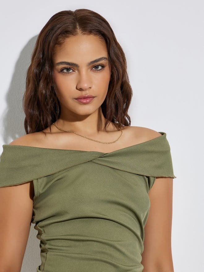 Green Ribbed Off Shoulder Knit Top