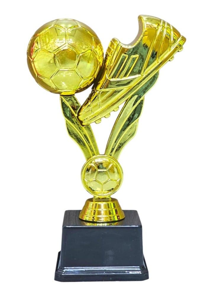 25cm Golden Football & Boot Trophy – Gold Color Soccer Award with Black Base for Tournaments & Player Recognition