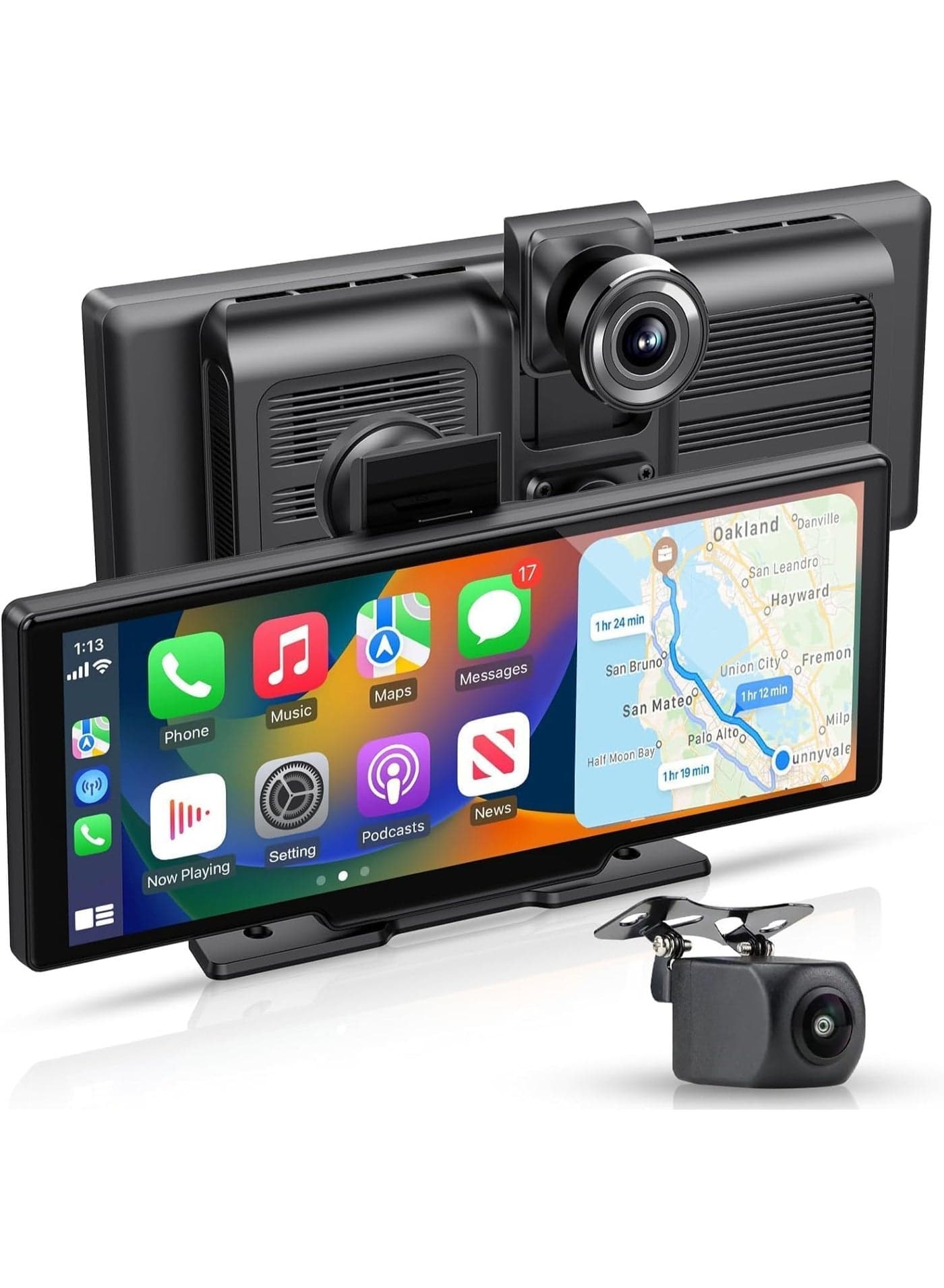 10.26-Inch Portable Wireless CarPlay & Android Auto Display, Universal 4K Dash Camera with 1080P Backup Camera, GPS Navigation, Touchscreen Car Stereo, ADAS Safety Alerts, FM Transmitter