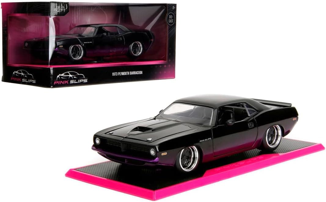 Pink Slips 1973 Plymouth Cuda Die-Cast Collectible Model Car with Base, 1:24 Scale, Black