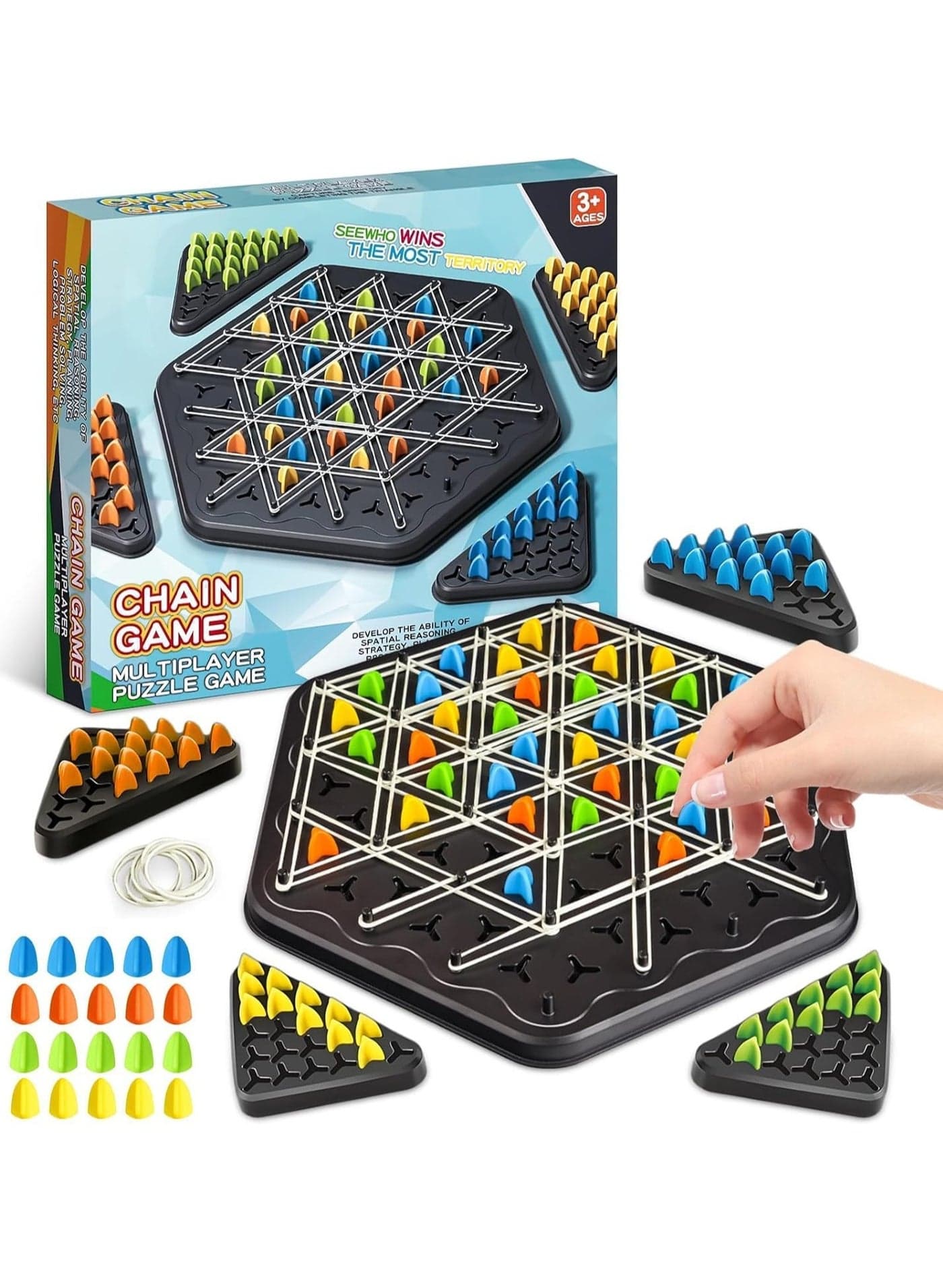 Chain Triangle Chess Game Family Night Board Game Chain Chess Desktop Puzzle 2-4 players Interactive Game Rubber band board game for Kids Adults Family Party Birthday Gift for 3-12 Years Old Boys Girls