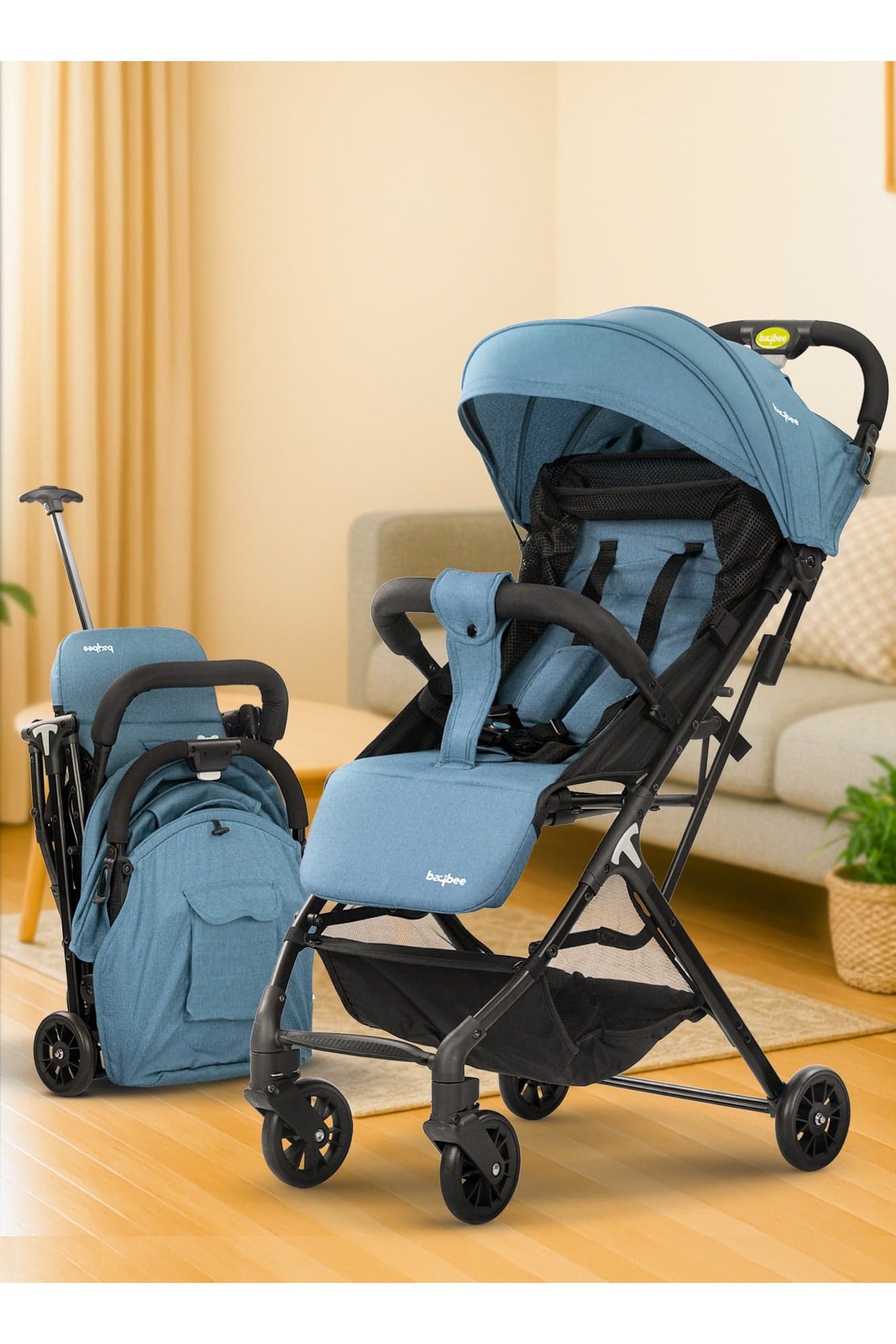 Foldable Cabin Baby Stroller Pram for Baby with Metal Frame, 3-Position Adjustable Seat & Canopy, Bassinet, Parent Handle, 5 Point Safety Belt, Stroller for Kids Toddler 0 to 3 Years Boy Girl Blue