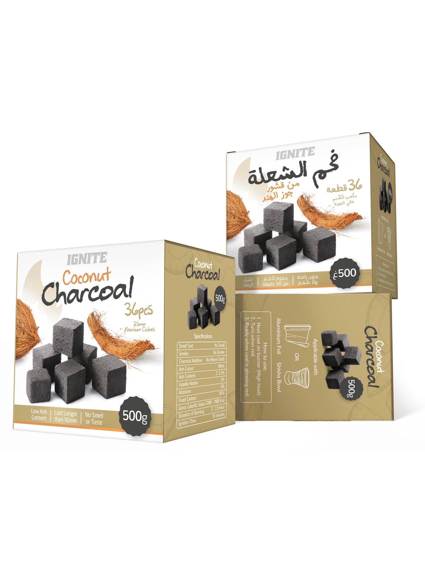 Ignite Premium Coconut Shell Charcoal Briquettes 500g, 25mm Cubes x 36 Pcs with Low ash content