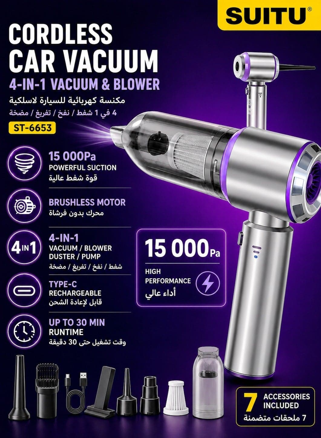 Car Vacuum Cleaner Cordless, 4-in-1 Wireless Handheld Vacuum & Air Duster & Pump, 15000Pa Brushless Motor Mini Vacuum with Type-C Rechargeable Battery & 7 Accessories for Car, Home, Office, Camping