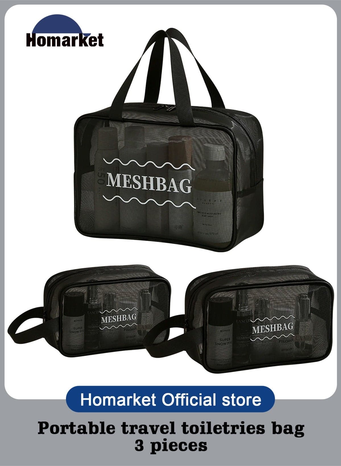 Makeup Bag Set-3PCS Portable Large Capacity Travel Cosmetic Bags Toiletry Bags Makeup Purse Bags with Zipper Storage Pouches for Home Offices Travel Accessories,Mesh Transparent Easy Take&Clean,Black