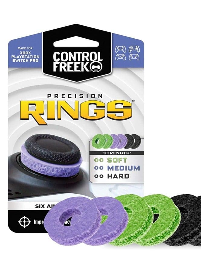 Control Freek Precision Rings for PS5 PS4 XSX XSS Switch Pro & Scuf Controller, Advanced Performance Grips for Better Control, Comfort & Durability, Aim Assist Motion Control for Controllers, Mixed Pack(6 rings, 2 Black Hard 2 Purple Medium 2 Green Soft)