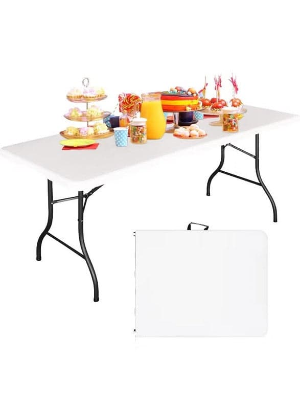 1.8m Foldable Outdoor Trestle Table – Heavy-Duty HDPE Folding Picnic & Camping Table with Carry Handle, Portable BBQ & Event Table (180×75×75cm, White)
