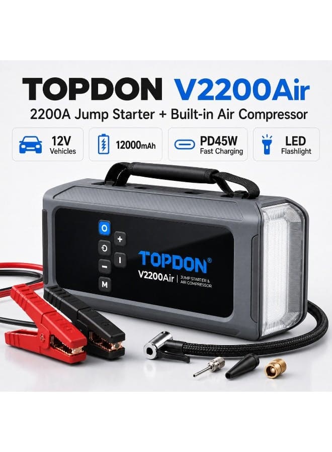 TOPDON V2200Air 2200A Portable Jump Starter With Digital Tire Inflator, 12000mAh Power Bank, PD45W USB-C Fast Charging, LED Flashlight, Digital Display For 12V Cars, SUVs, Petrol & Diesel Engines