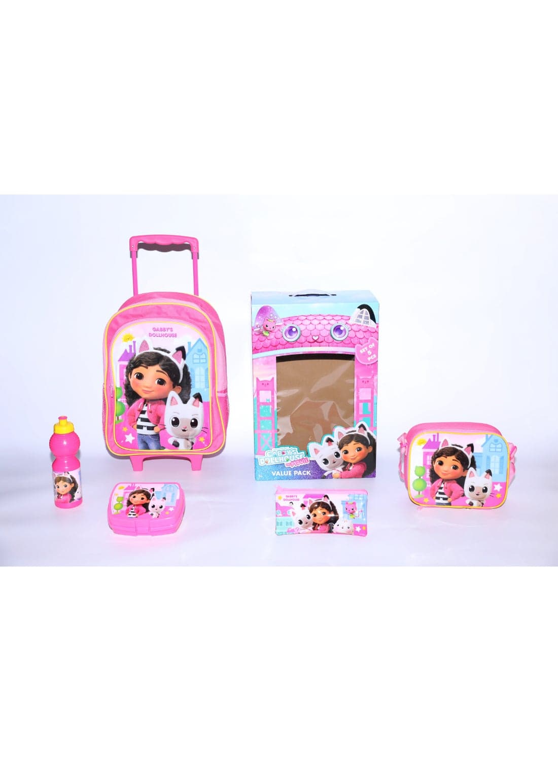 Gabby's Dollhouse 5 in 1 Value Pack (16" Trolley Bag with Lunch Box, Lunch bag, Water Bottle and Pencil Case)