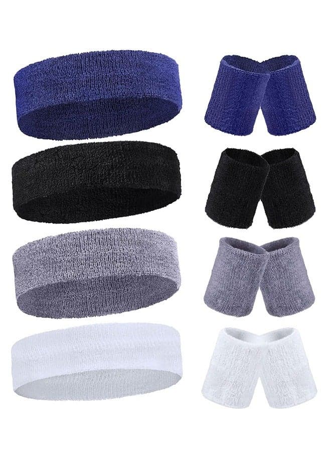 4Pcs Sweatbands and 4 Pairs Wrist Sweat Bands, Workout Headbands, Terry Cloth Sweatbands, Absorbent Nonslip Stretchy Head Wrist Sweatbands, Wicking Wristband for Men Women Fitness Athletic Sports