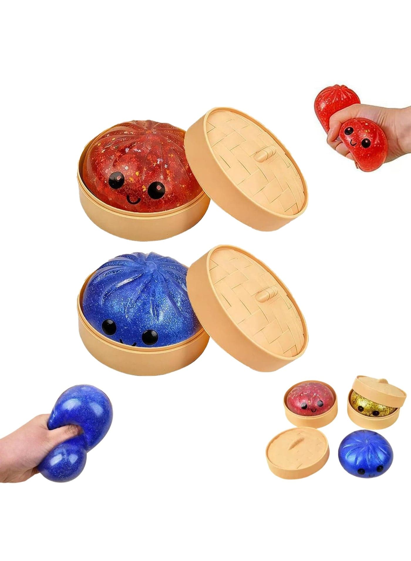 Glitter Dumpling Squishy Box, Stress Relief Squeeze for Adults, Anxiety Relief Fidget Toy for Office Desk, Relaxing Sensory Toy for Focus and Calm (Red+Blue)