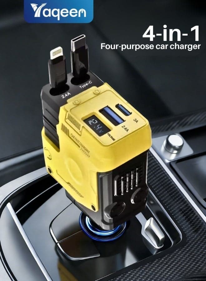 4-in-1 Car charge with Dual Retractable Cable, Dual Port USB C PD Fast chaging Car Adapter Car Cigarette Lighter Adapter with Voltage Display, Car Charger Fast Compatible with iPhone 8-17, iPad, Samsung