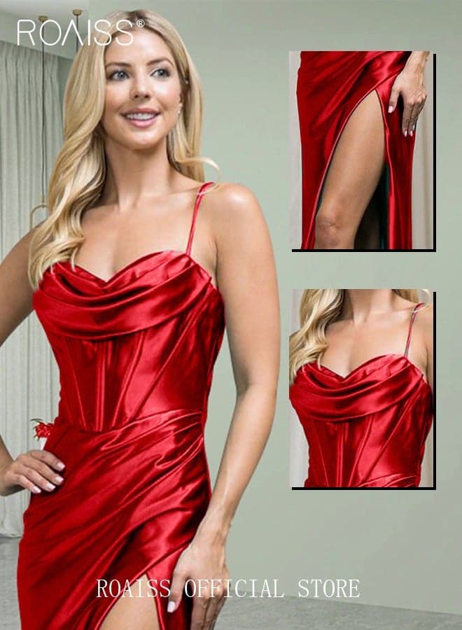 Banquet Party Bandeau Suspender Dress for Women Evening Dresses Side Slit Backless Long-Length Sleeveless Prom Ball Gown Elegant High Waist Slim Dress Red