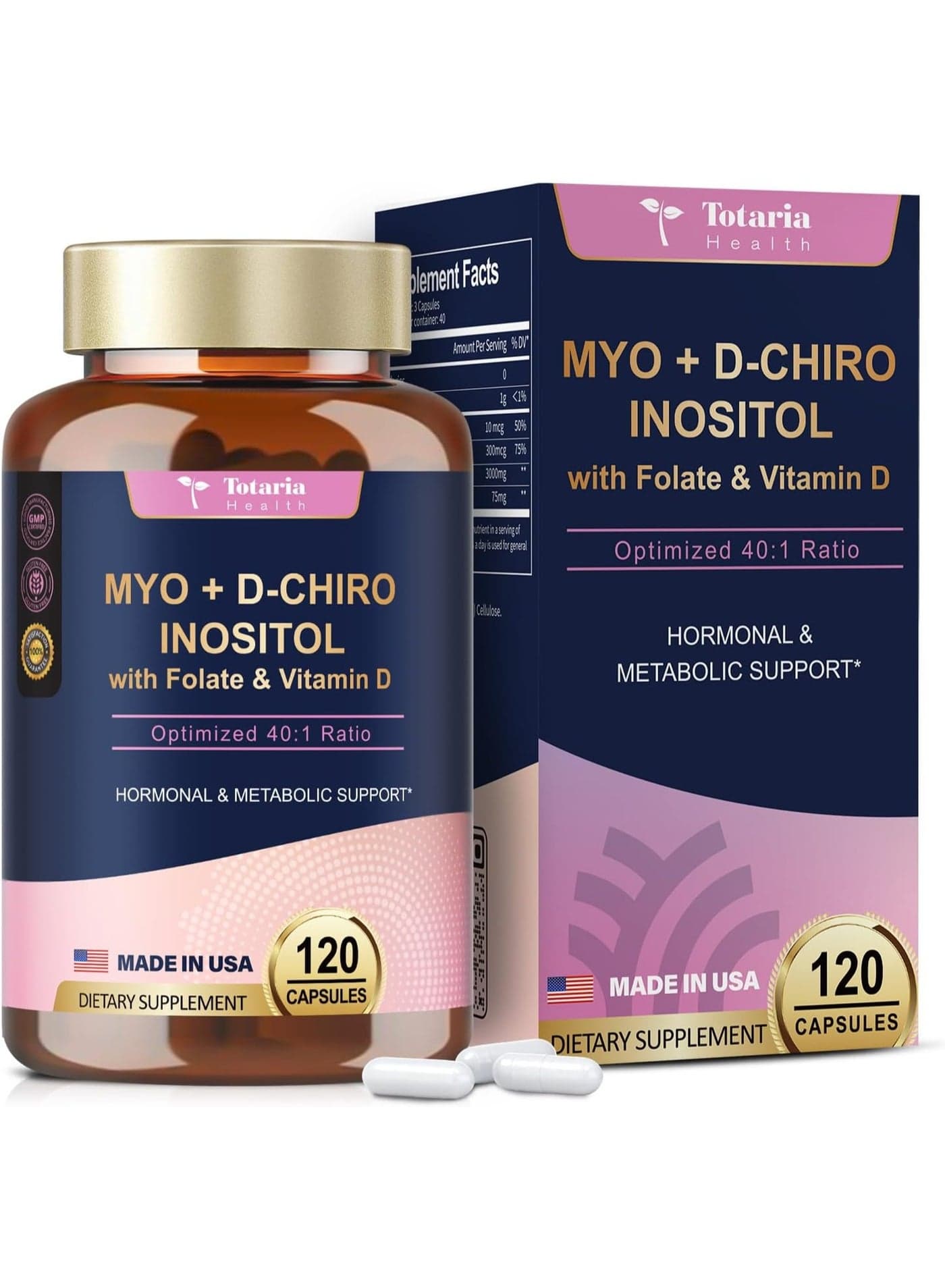 Inositol Supplement for Women with Vitamin D3, Folate, 40:1 Ratio Myo-Inositol 3000mg & D-Chiro Inositol 75mg Complex, (Vitamin B8) Inositol Capsules, 120 Capsules, 40 Servings