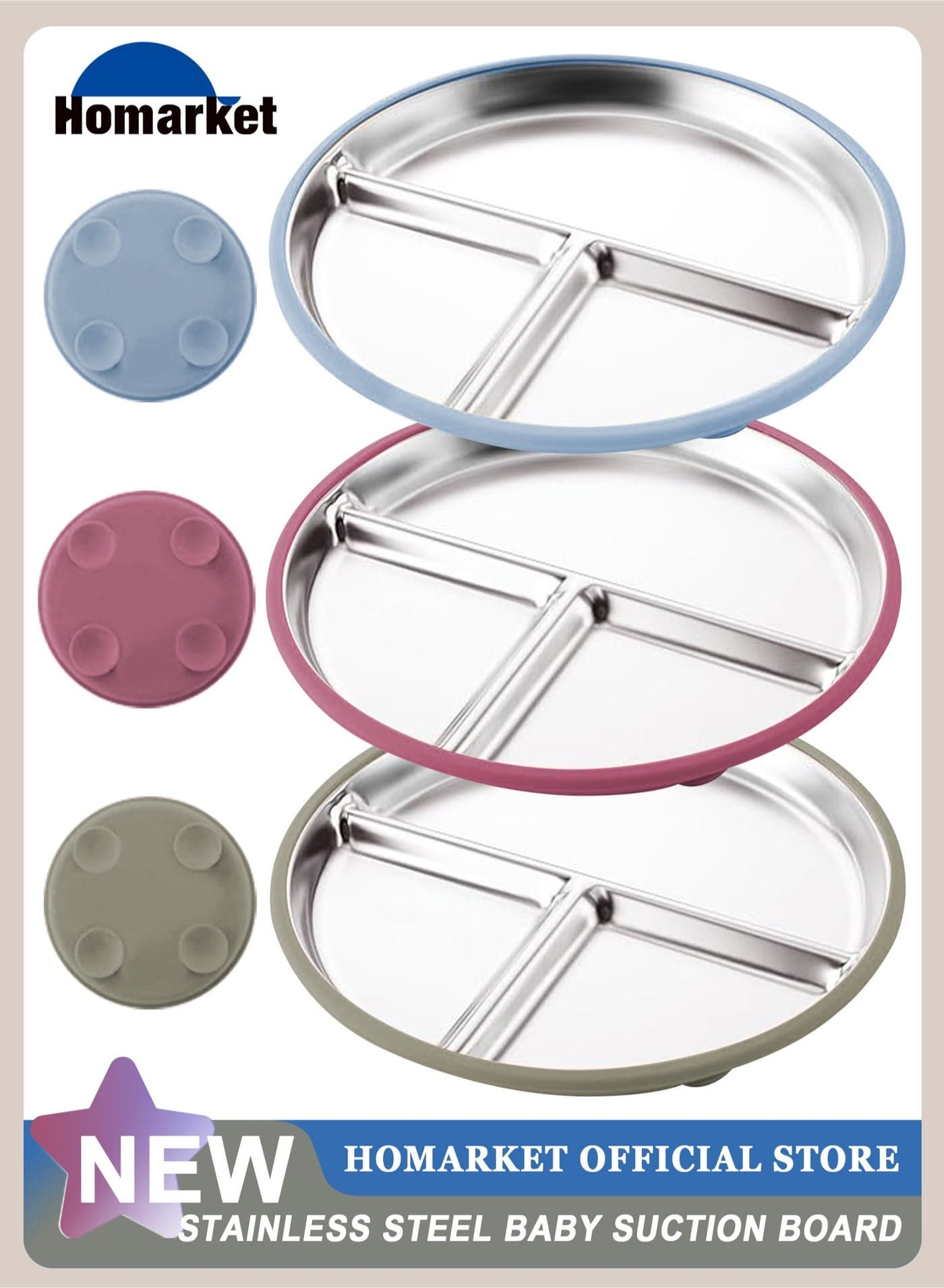 3 Pack Stainless Steel Baby Suction Plates, Divided Toddler Plate for Baby Led Weaning Supplies, Non-Slip Toddler Baby Feeding Set Dishwasher Safe (Blue/Pink/Green)