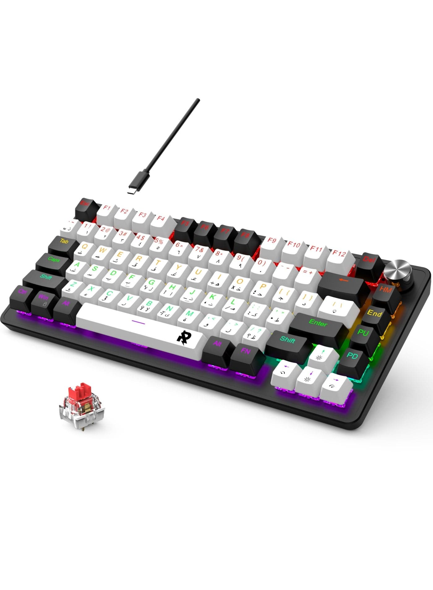ROCK POW 70% Gaming Keyboard,Arabic English 82 Keys Mechanical Keyboard with RGB Backlit 19 Modes,Volume Lighting Knob Wired Mini PBT Keycaps for PC Gaming and Working (Blue Switch)WB