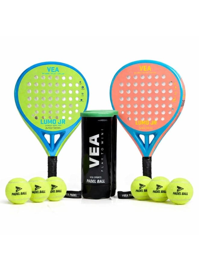 VEA LUMO JR Kids Padel Racket Set – Mix Colors (Neo Green & Neon Orange) | 2 Junior Rackets, 2 Covers & 2 Ball Tubes | Lightweight 320g | Beginner Friendly | Ages 6–12