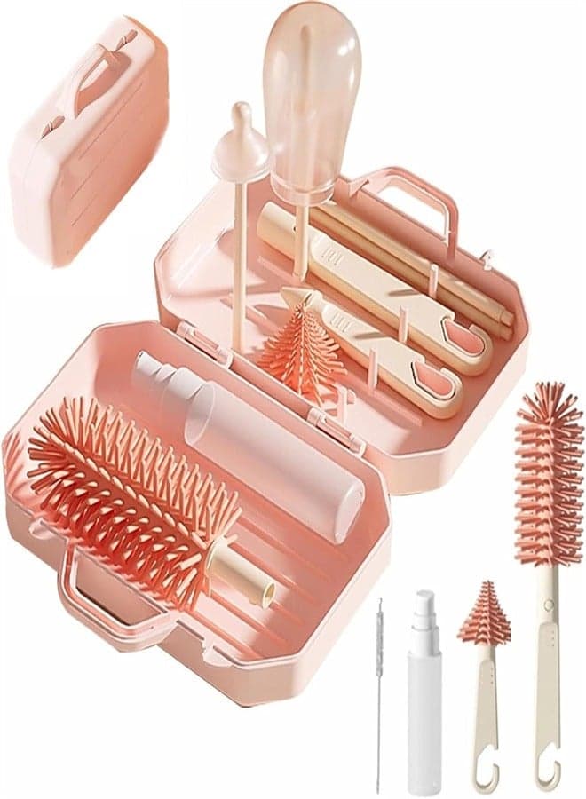 6 in 1 Bottle Cleaning Brush Set, Travel Baby Bottle Brush Cleaner Set with Silicone Bottle Brush Nipple Cleaner Brush Straw Brush Soap Dispenser Storage Box Bottle Drying Rack