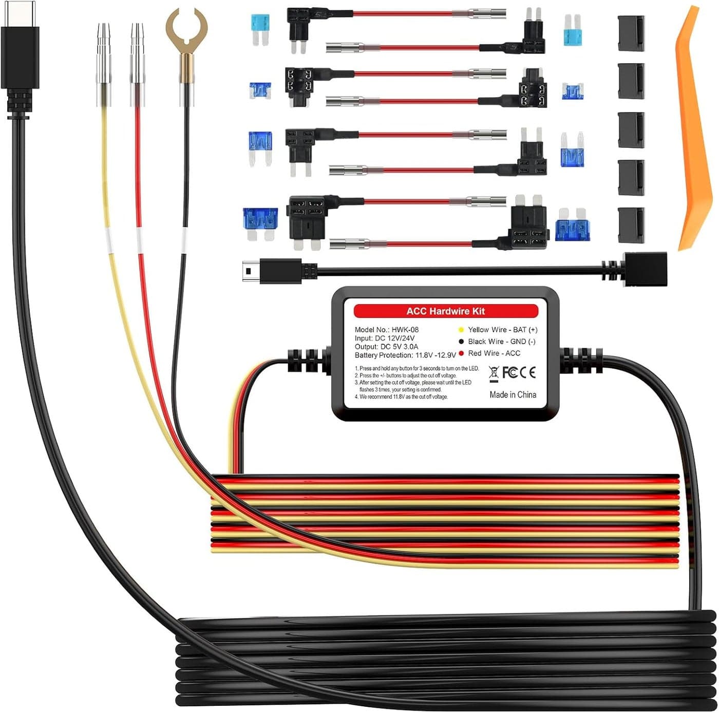 Pruveeo Hardwire Kit for Dash Cam with 8 Fuse Kits and Adjustable Voltage Protection