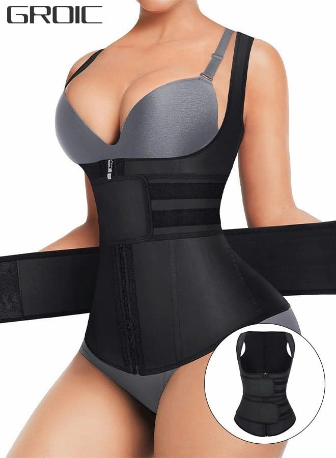 Waist Trainer for Women Waist Trainer Corset Vest Tummy Slimming Belly Body Shaper, Double Belt Sauna Workout Trimmer Belts with Zipper and 9 Steel Bones