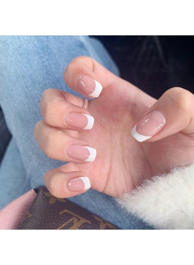 French Tip Press On Nails Almond Shape Nude Pink Glossy Natural Look Artificial Nails Set Full Cover Reusable Stick On Nails Acrylic Style Elegant Minimalist Nails for Women Daily Wear Office Wedding Salon Finish