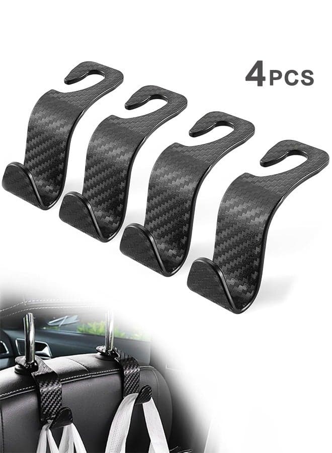 4Pack Car Seat Headrest Hook, Car Seat Backpack Hooks Black S Type for Handbag Purse Grocery Bags- Carbon Fiber Black