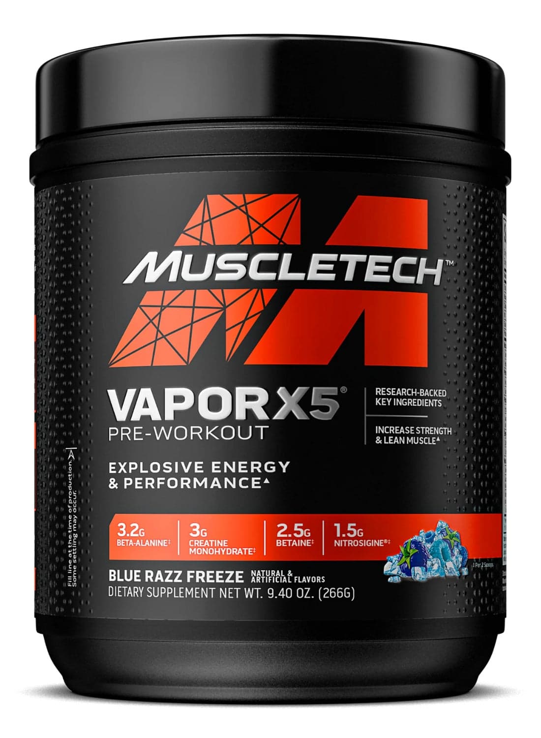 Vapor X5 Pre-Workout Explosive Energy & Performance, Research-Backed Key Ingredients | Increase Strength & Lean Muscle - 3.2g Beta-Alanine - 3g Creatine Monohydrate - 2.5g Betaine - 1.5g Nitrosigine - Blue Razz Freeze Natural & Artificial Flavors - Dietary Supplement - Net Wt 9.40 oz (266g)