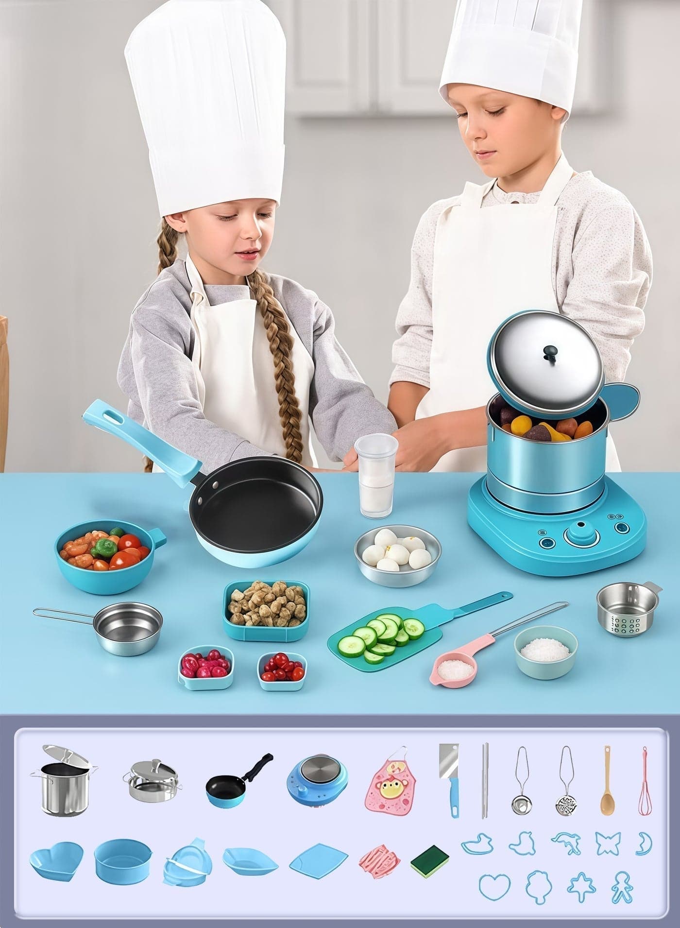 32 PCS Kids Mini Kitchen Pretend Play Set, Real Cooking Simulation Chef Role Play Toys with Cutting Fruits Vegetables & Kitchen Utensils, Complete Little Chef Educational Imaginative Play Toy Gift for Toddler Boys Girls