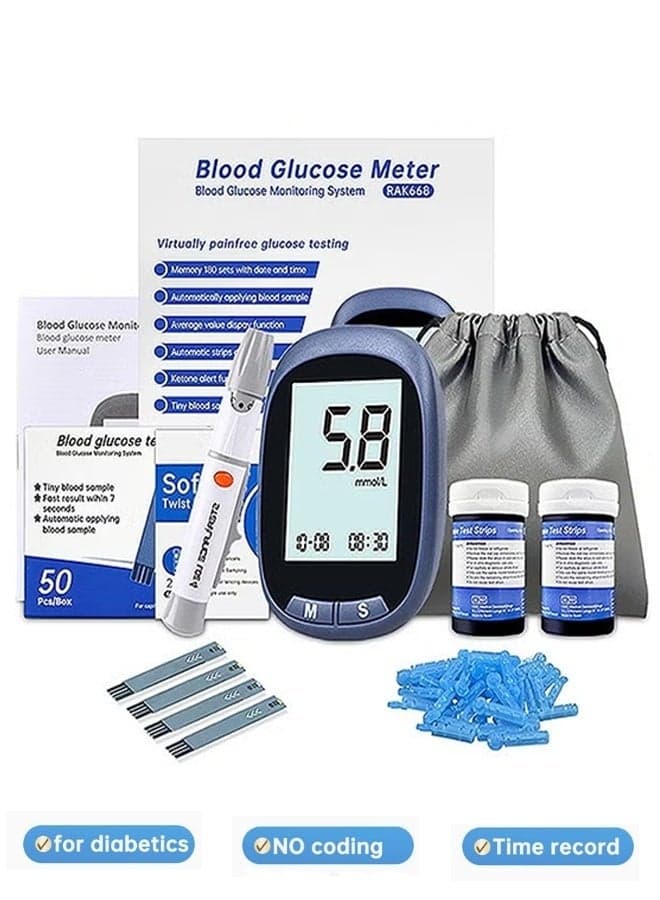 Blood Glucose Monitor Kit with 50 Blood Sugar Test Strips, 50 Lancets, 50 Alcohol Pads, 1 Blood Glucose Meter, 1 Lancing Device, No Coding Diabetes Testing Kit