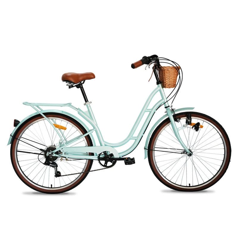 Florida Vintage 26-Inch City Bike For Women & Girls, 26 Inch Wheel Sizes | Shimano 6-Speed Drivetrain | Durable Steel Step-Through Frame with Front Wicker Basket | Rear Carrier & Dynamo LED Headlight - Mint Green