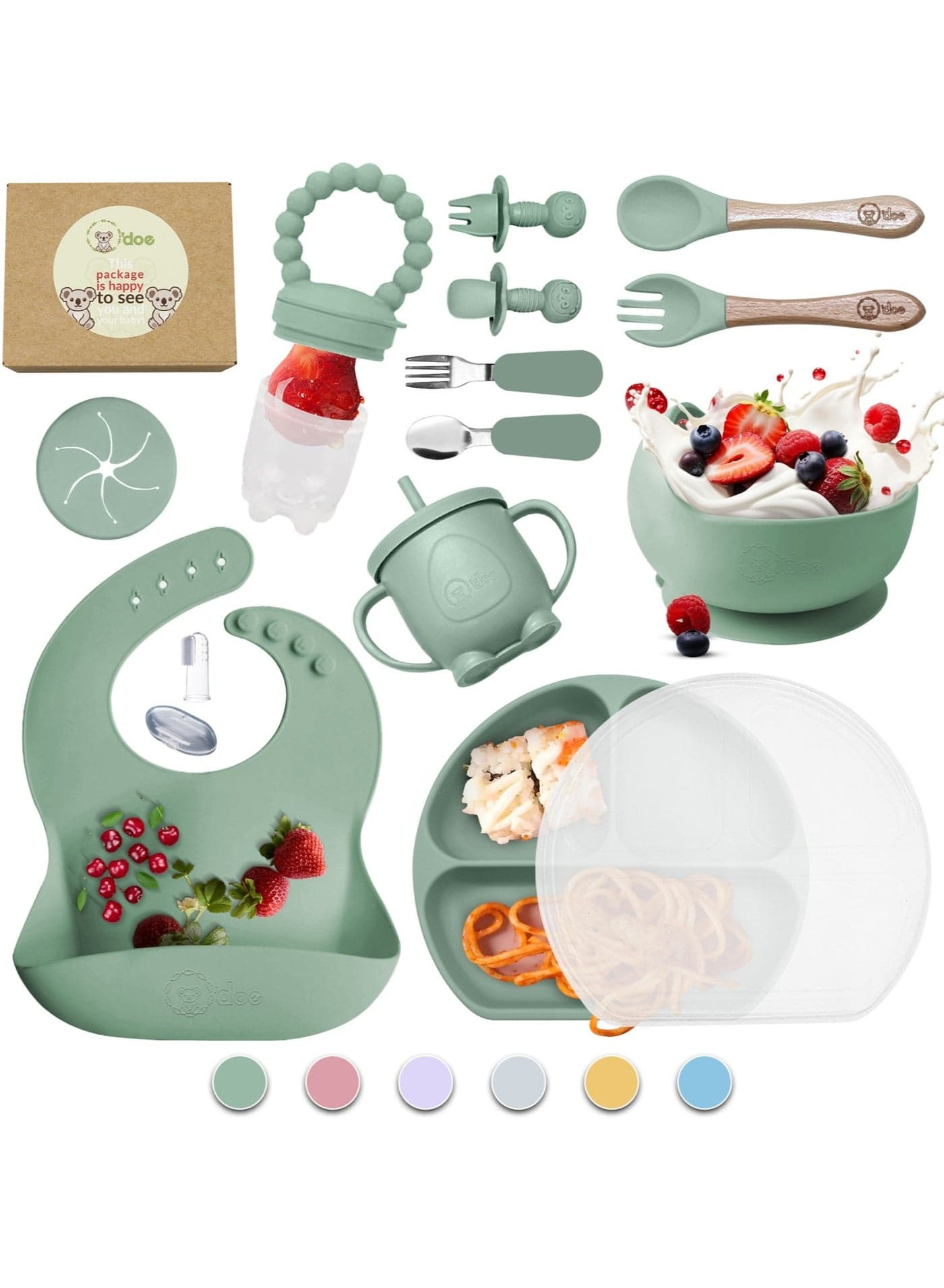 Baby Led Weaning Feeding Supplies for Toddlers, O'doe Baby Feeding Set | Suction Silicone Baby Bowl-Self Eating Utensils Set with Spoons, Bibs, Toddlers Spoon Set | Infant Food Plate Kit | Set of 17