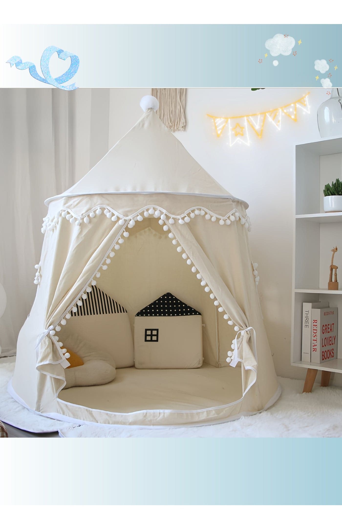 Kids Cotton Play Tents, Indoor Outdoor Toddler Play Tent,Natural Cotton Canvas Tents Play house Children's Tent for Indoor Reading and Playtime ,for 3-10 Years Old Boys Girls ,Big Size Foldable(White)