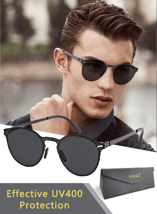 Men's Round Sunglasses UV400 Protection Sun Glasses with Ultralight Metal Frame Fashion Anti-Glare Sun Shades for Men Driving Fishing Traveling Black