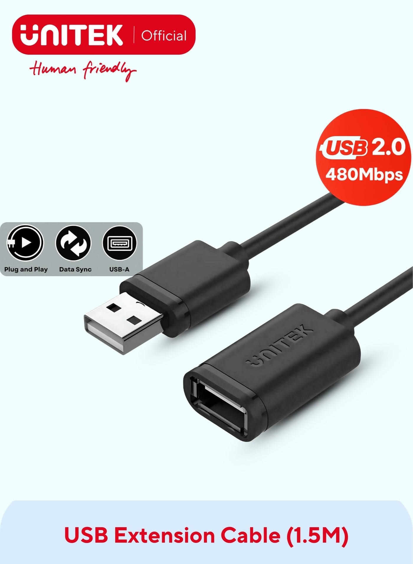 Unitek USB 2.0 Extension Cable, USB-A Male TO USB-A Female, Transfer Compatible with Webcam, Phone, USB hub, Mouse, Keyboard, Hard Drive, Headset, Flash Drive, TV