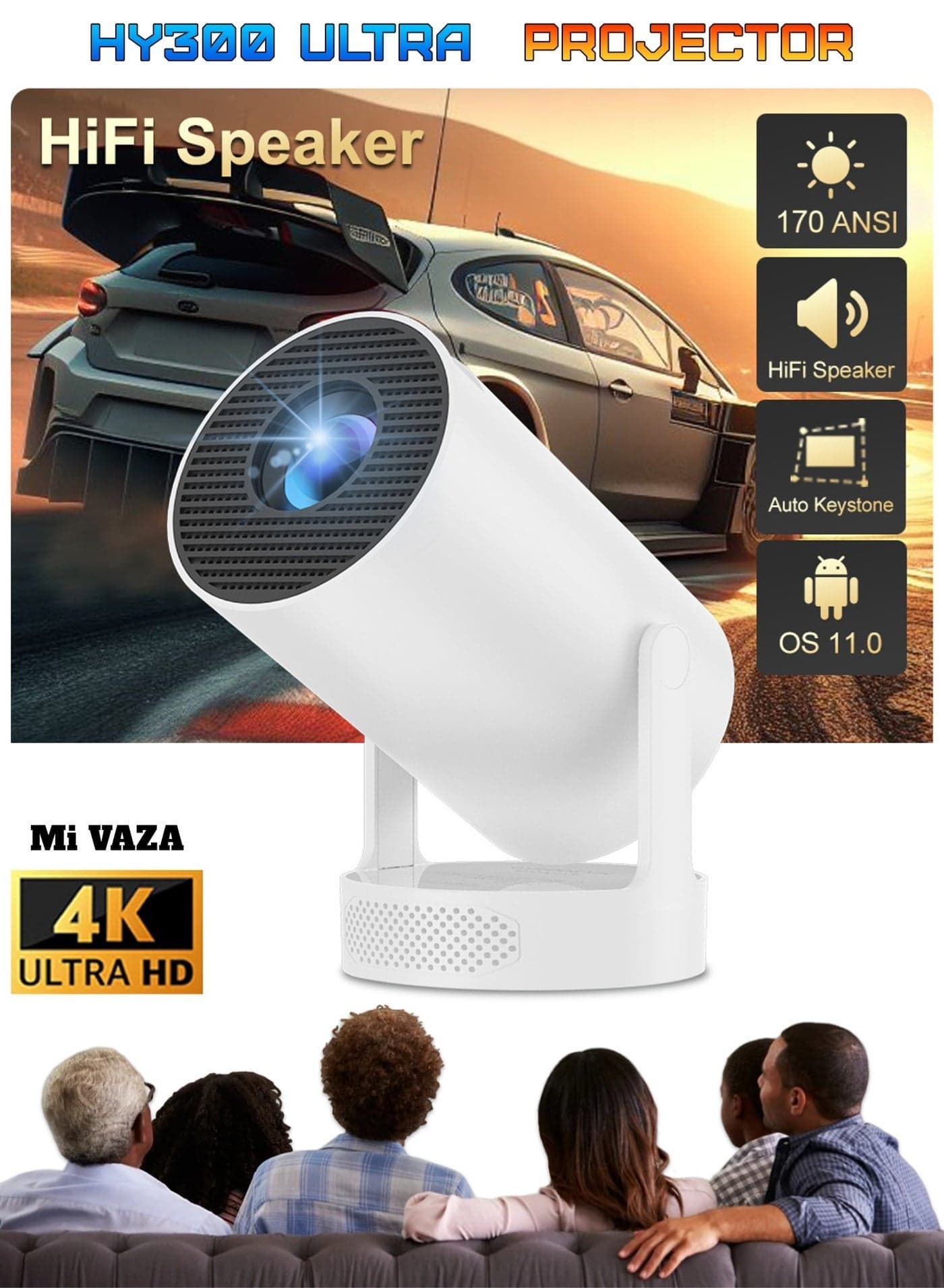Hi-Fi Speaker HD Projector - Native 720P - Support 4K - 170 ANSI Lumen - Smart Projector with Wifi 6 and Bluetooth 5.4 - Android 11 - Portable Mobile Home Theater - Suitable for Games, Office, Movies