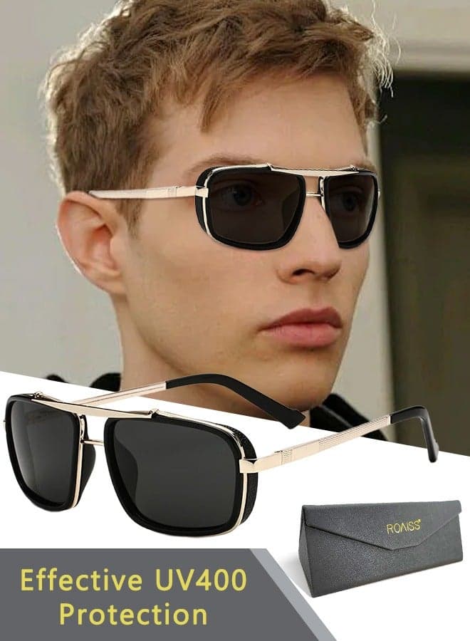 Men's Rectangular Sunglasses Polarized Lenses UV400 Protection Aluminum Magnesium Alloy Arms with Glasses Case for Shopping Driving Riding Trekking (Golden Black)