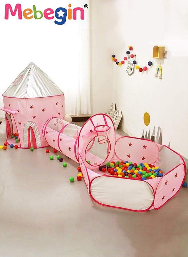 3pc Kids Play Tent for Kids with Ball Pit Basketball Hoop, Crawl Tunnel, Princess Tents for Toddlers, Baby Star World Playhouse Toys, Boys Girls Indoor Outdoor Play House, Perfect Kid's Gifts Pink