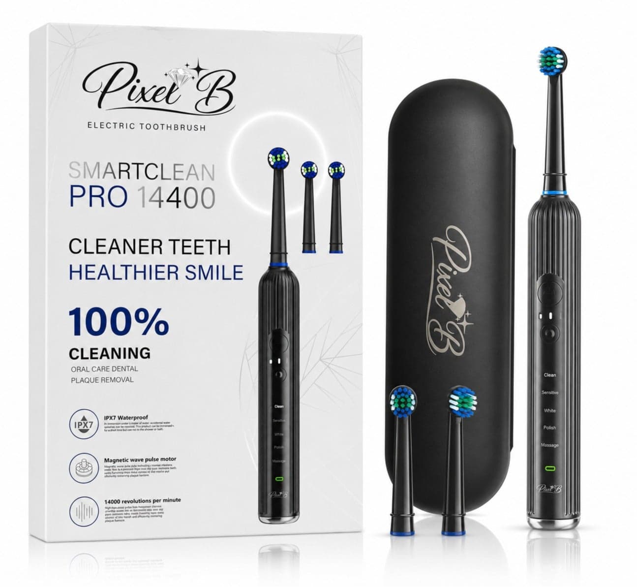 Pixel B SmartClean PRO 14400 Electric Toothbrush | 5 Cleaning Modes & 3 Intensity Levels | IPX7 Waterproof | Type-C Rechargeable | 50+ Days Battery Life | Deep Plaque Removal & Gum Care | Travel Case & 3 Brush Heads
