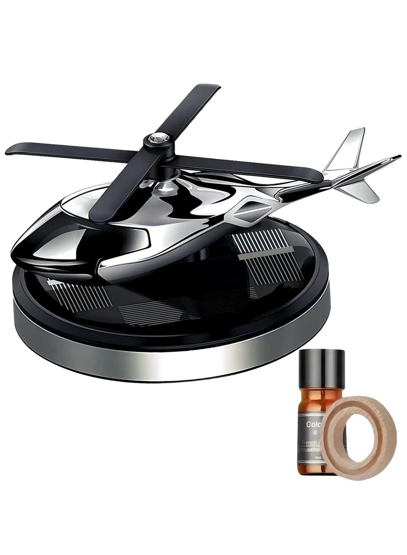 Car Accessories Interior – Helicopter Solar Energy Rotating Aromatherapy Air Freshener for Car and Home, Silver Aviation Alloy Diffuser, Car Perfume and Car Fragrance, Black/Silver