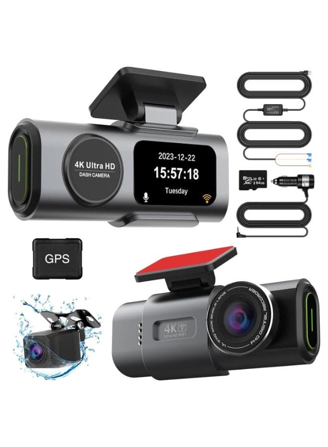 4K GPS Dash Cam Front and Rear for Cars – Dual Channel Car Dash Camera with 1080P Rear Camera, 64GB SD Card, Built-in Wi-Fi GPS, 24H Parking Monitor, Loop Recording, G-Sensor, Night Vision