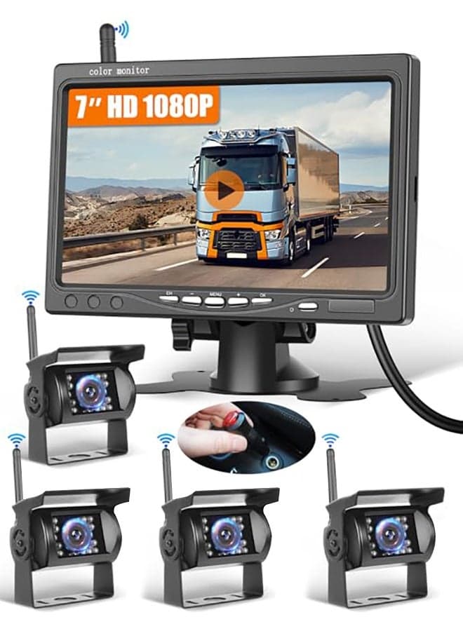 Professional 4-Piece Wireless Backup Camera System - 7 inch Monitor with Night Vision & IP69 Waterproof Rating, 24V Compatible for Large Vehicles/RVs/Trucks