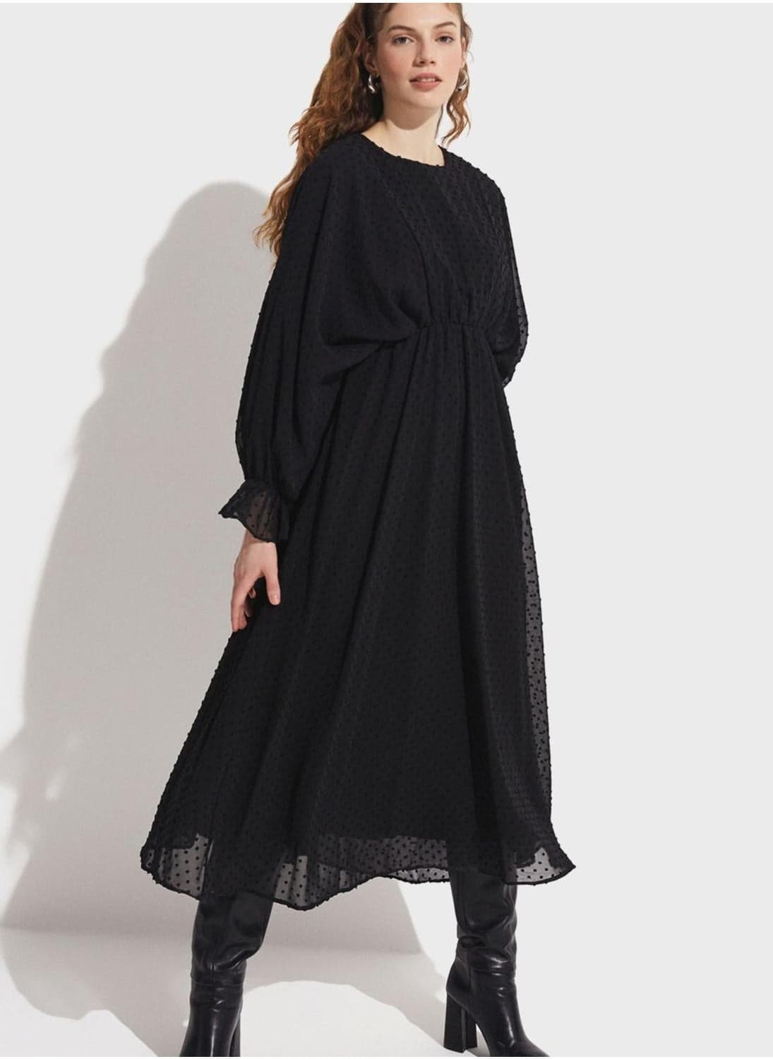 Textured Balloon Sleeve Dress