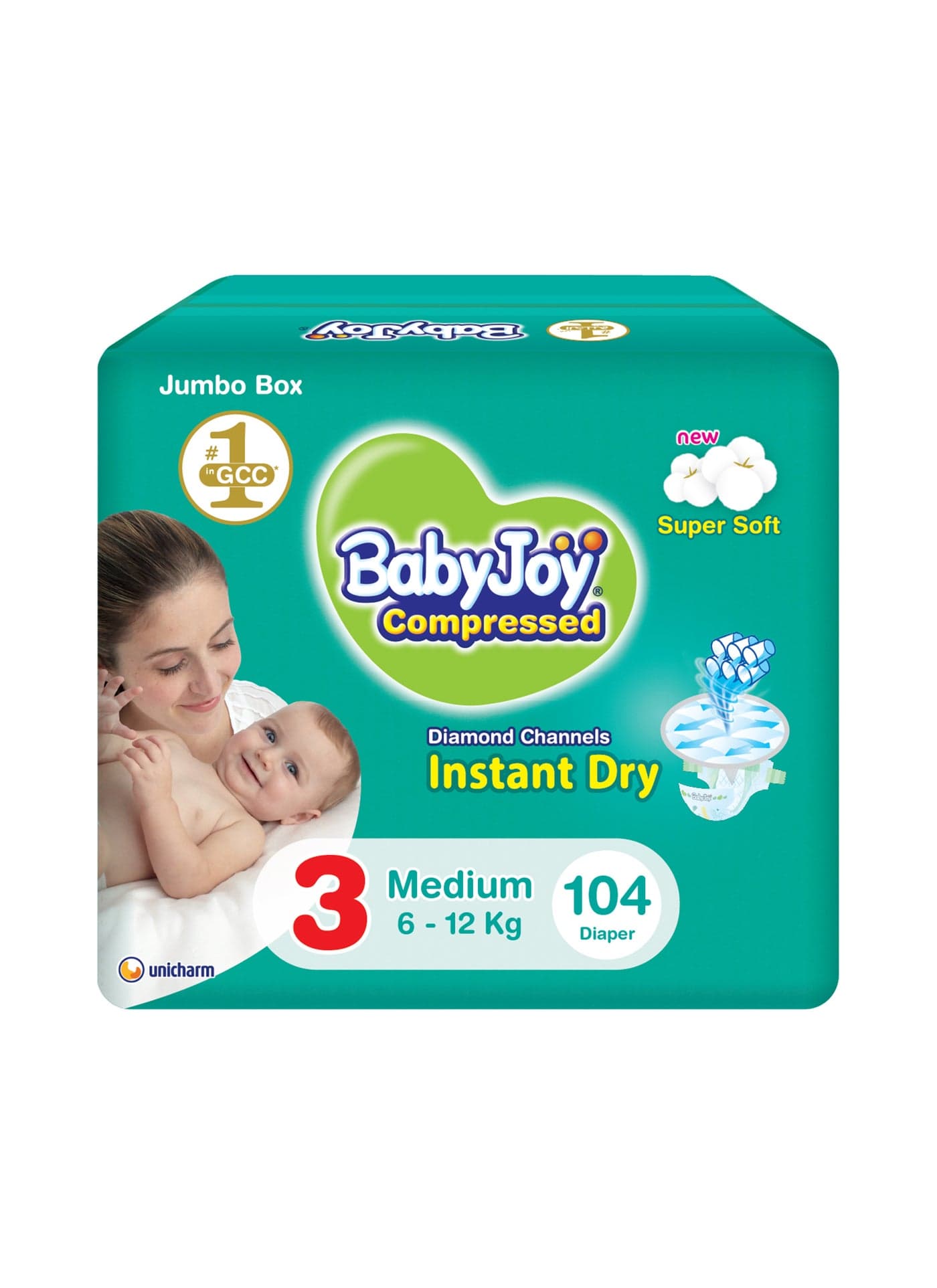 Compressed Diamond Pad Diaper, Size 3, Medium, 6-12 Kg, Jumbo Box, 104 Diapers