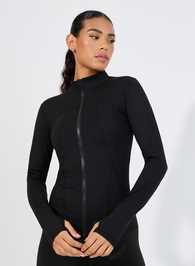 Stitch And Thumbhole Detail Zip Up Jacket