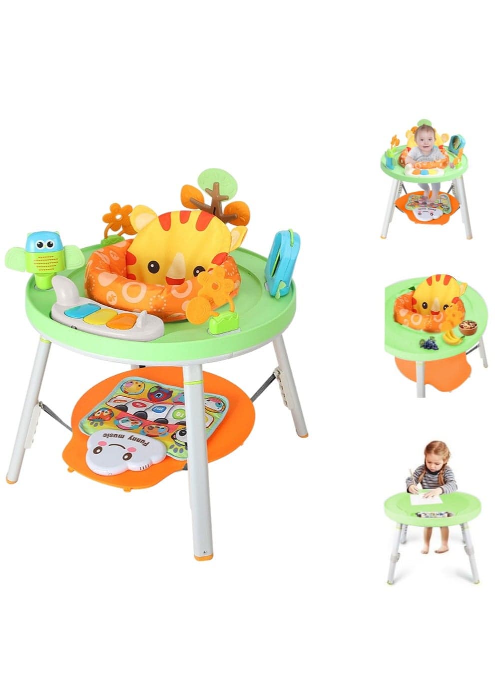 4-in-1 Baby Activity Center, Adjustable Height Baby Jumper, Learning Desk, 360° Rotating Kide Play Table, Baby Feeding Table, Babies Bouncer, Baby Walkers with Interactive Education Toys, Musical Pad