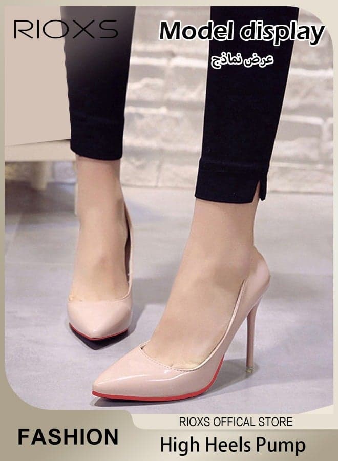 Women's Stiletto Heels, 10cm Patent Leather Heeled Pumps, Classic Closed Pointed Toe High Heels for Women, Party Wedding Dress Shoes, Slip-on Heeled Shoes, Ladies Lowpointed Dressy Shoes, Elegant Bridesmaid Dressy Shoes, Fashion High-Heeled Shoes for Professional Outfits/ Work and Daily Wear, Beige Heeled Shoe Woman Pump