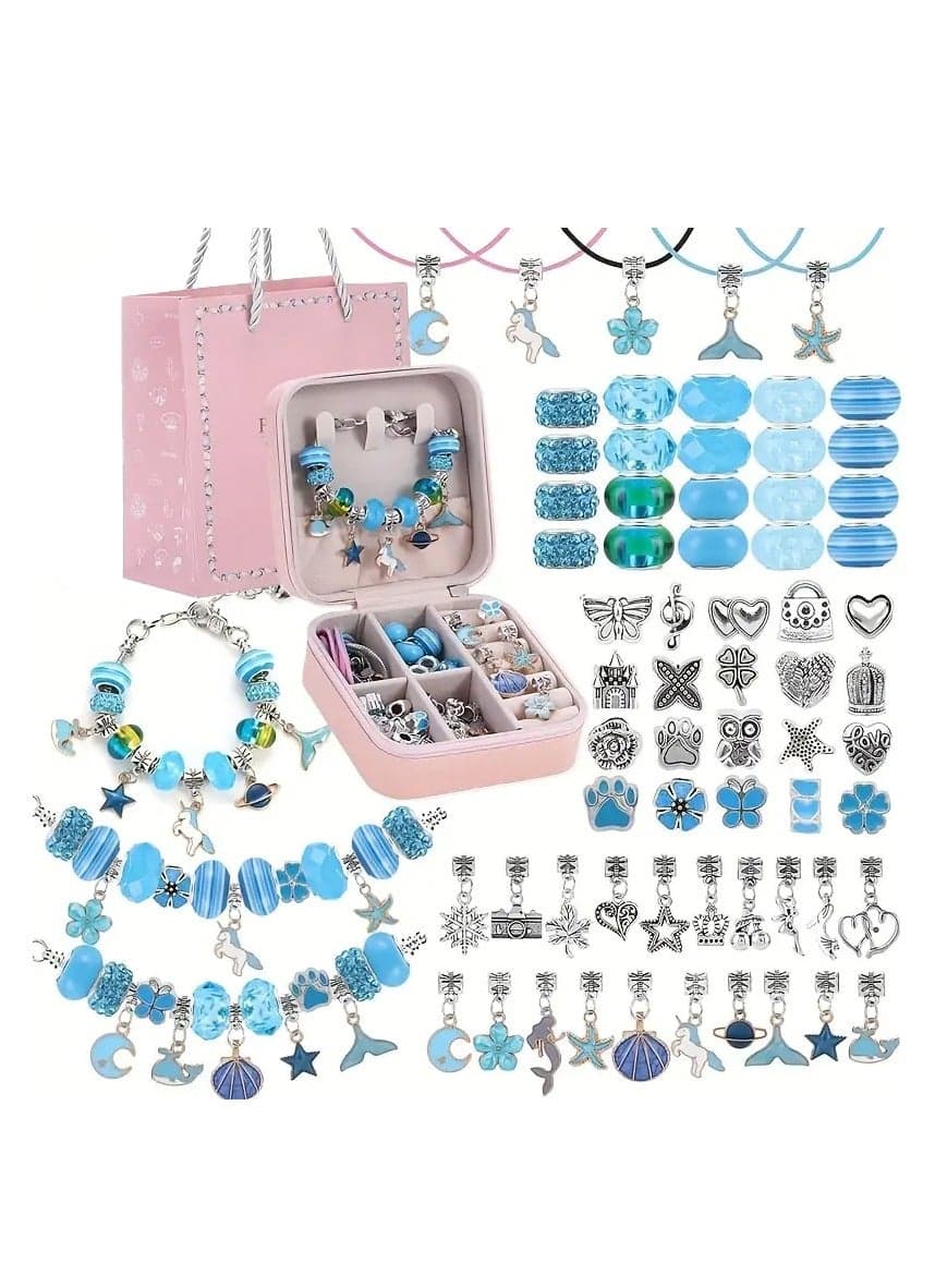68PCS Charm Bracelet Making Kit – DIY Jewelry Beads Set with Snake Chain Bracelets, Charms & Gift Box – Perfect Birthday, Christmas, Ramadan & Eid Gift for Girls Ages 6-12 (Blue)