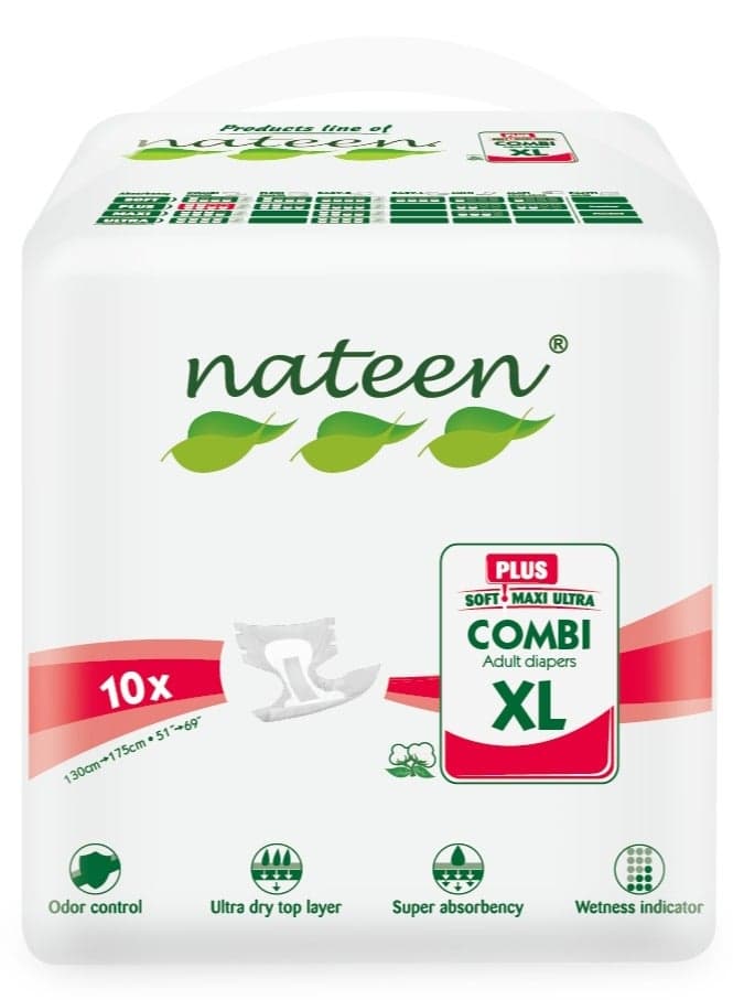 Combi Plus Incontinence Adult Diaper,X-Large,Waist Size 130-175Cm,10 Count Adult Diapers,With Super Absorbent Layer,Leak Guard,Disposable Underwear For Men&Women-2240Ml Absorbency.