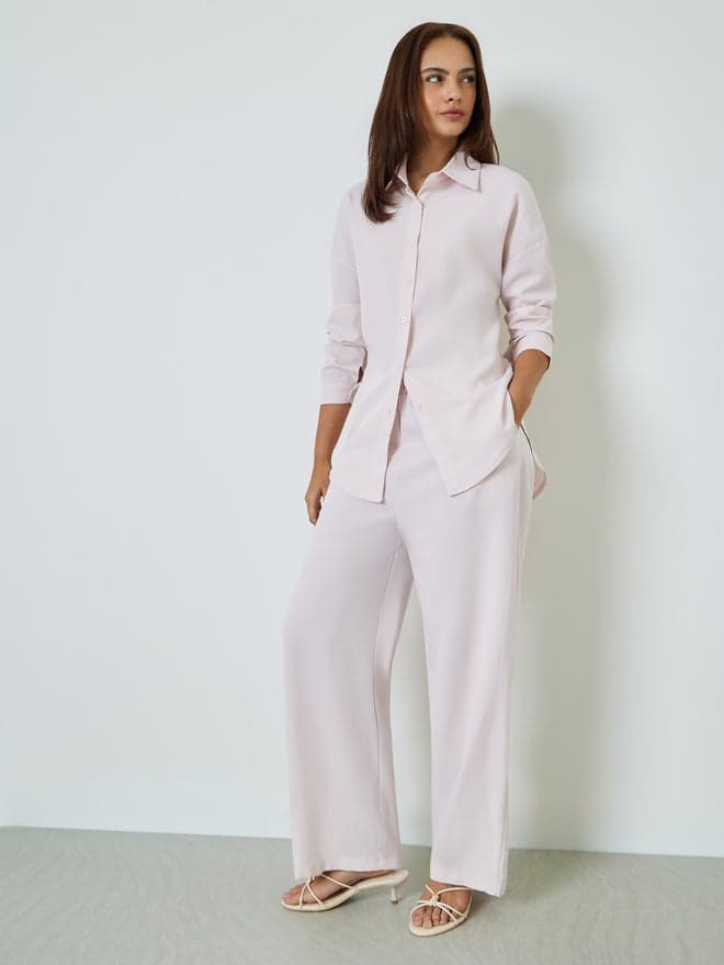 Styli Beige Shirt and Wide Leg Pants Set